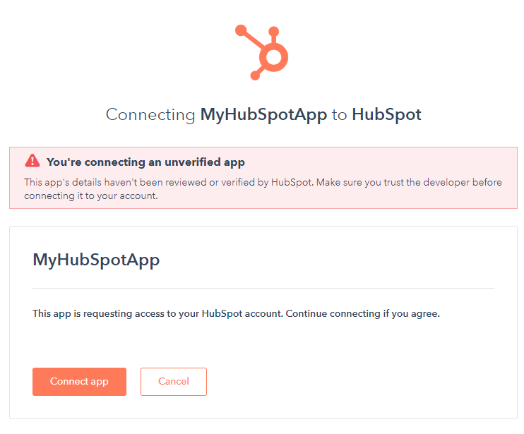 connection warning of myhubspotapp