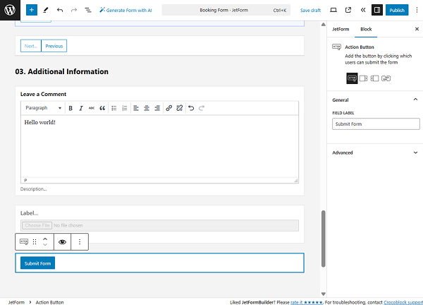 additional information section of the booking form pattern