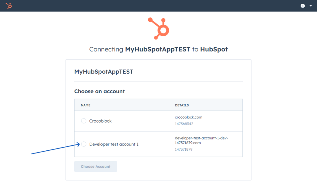 choosing an account for HubSpot
