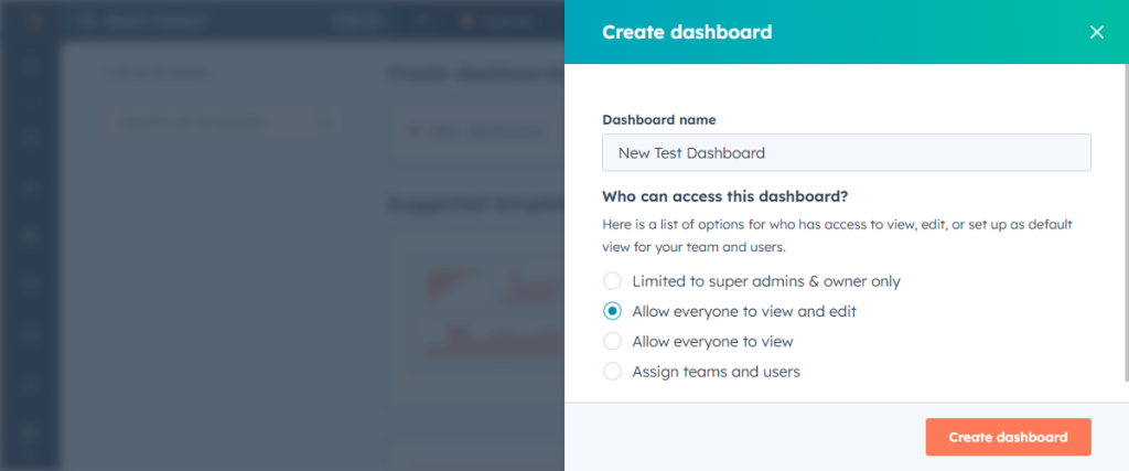 create new dashboard popup