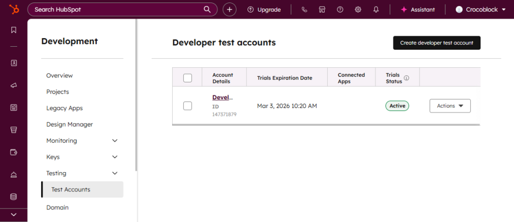 developer test account dashboard
