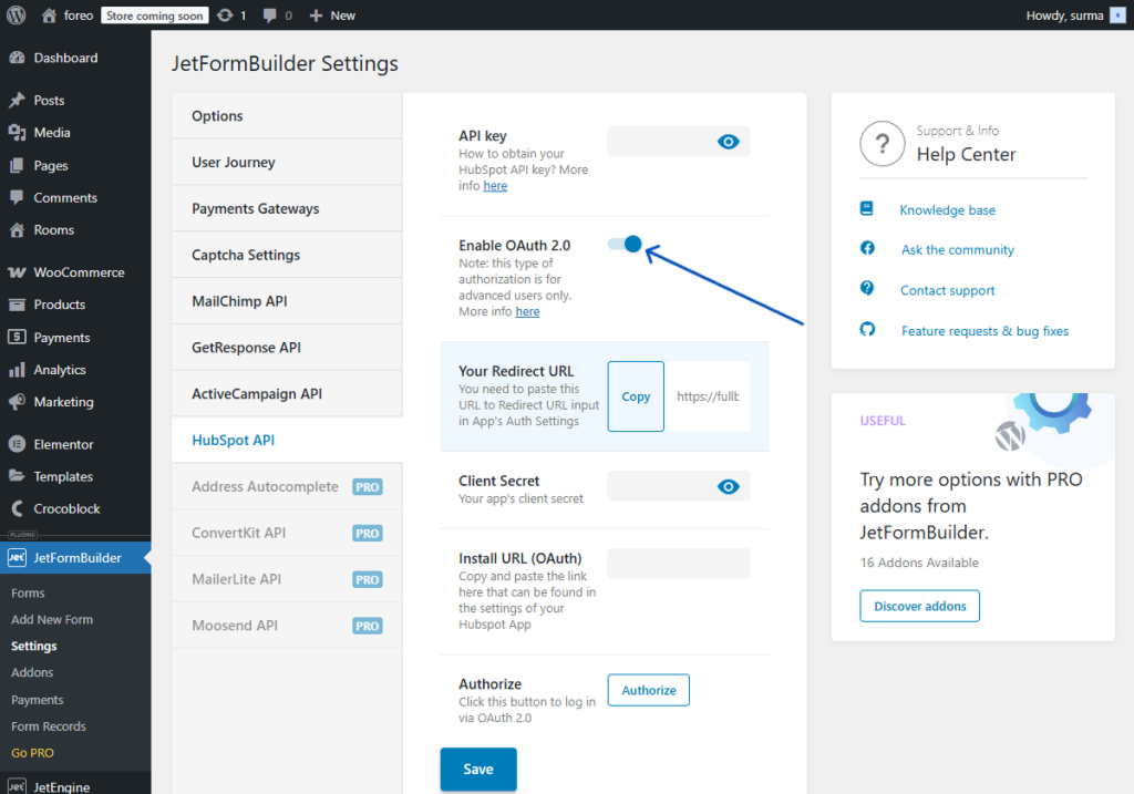 enable oauth 2.0 in jetformbuilder settings