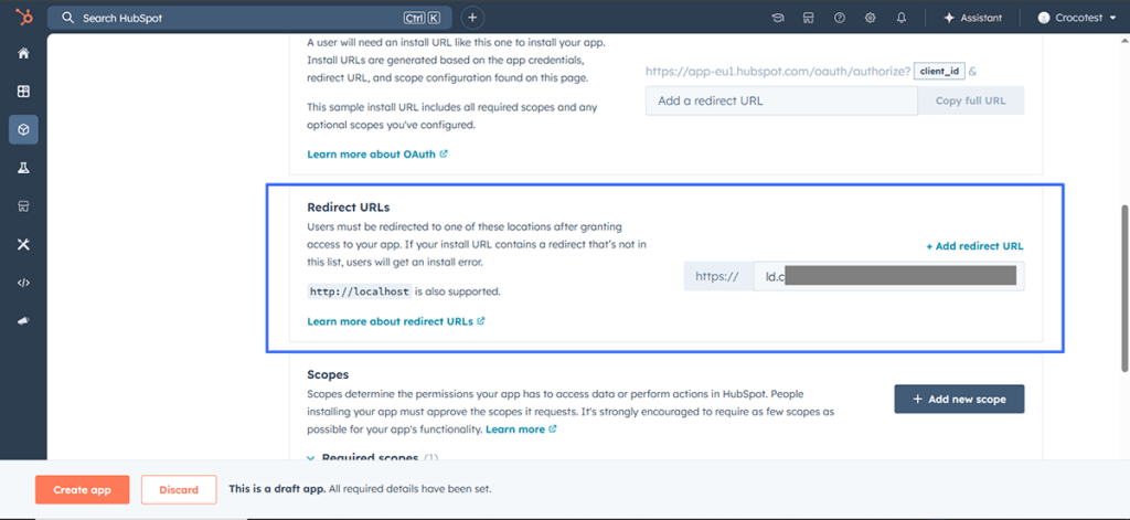 filling out the redirect URLs field
