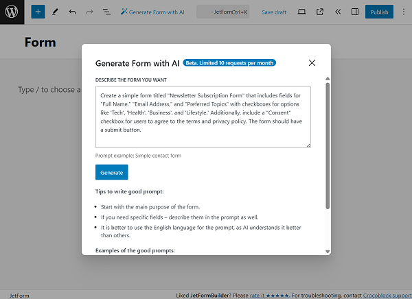 generate form with ai popup with the form description added