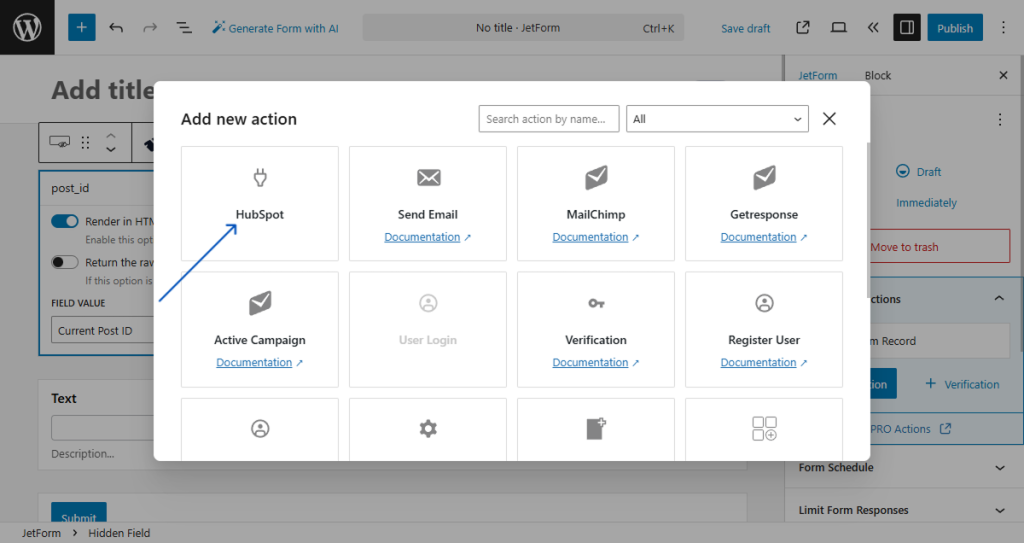select the hubspot action