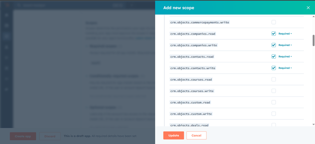 selecting scopes while completing the app-settings