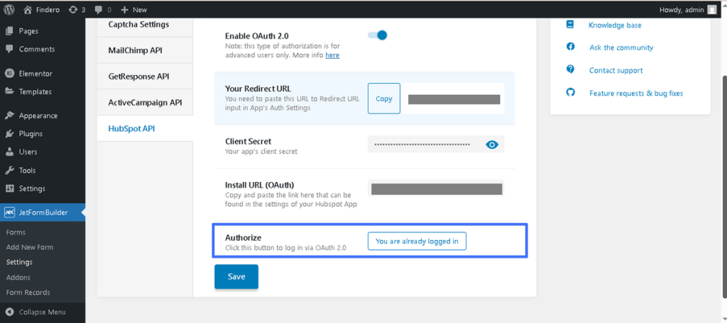 authorization text in the jetformbuilder settings