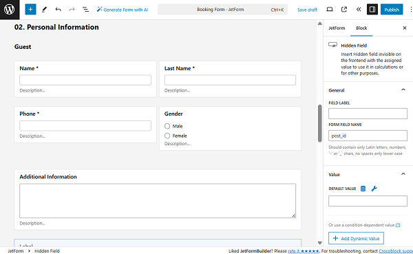 the first part of the personal information section of the booking form pattern