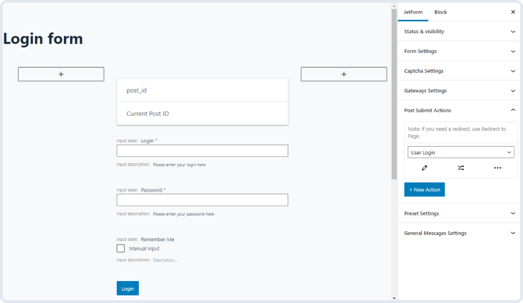 user login option in post submit actions