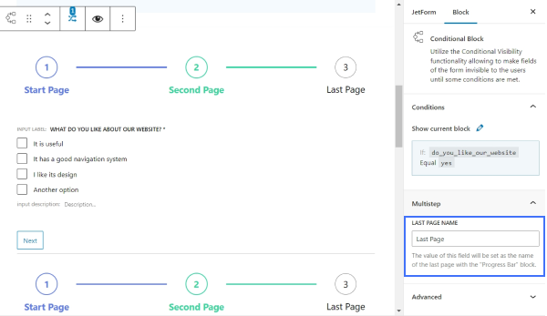 changing last page name label in conditional block settings