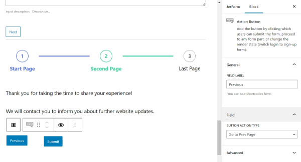 configuring last page of the multi-step section in form