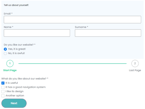 first page of multi-step section made in conditional block of jetformbuilder