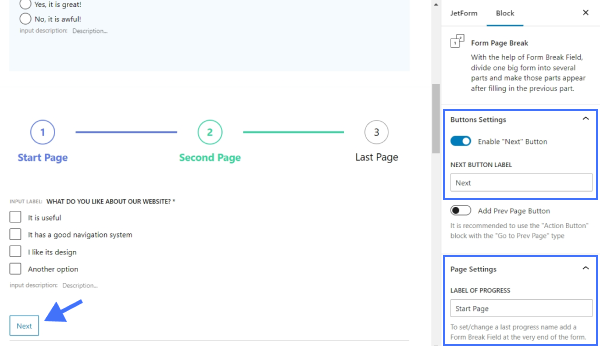 form page break block settings