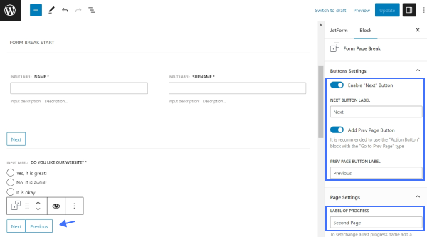 form page break settings