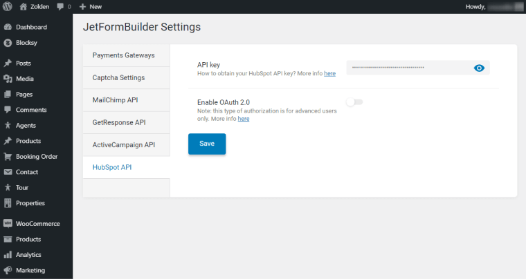 hubspot api tab in jetforms settings