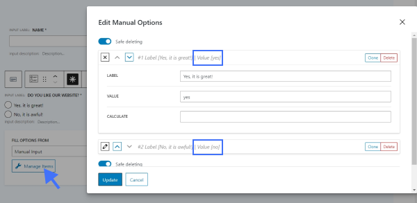 radio field manual input options