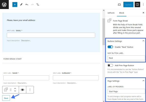 using form page break block in jetformbuilder