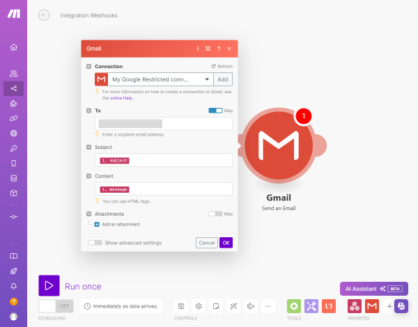 Gmail module with send an email action settings in make