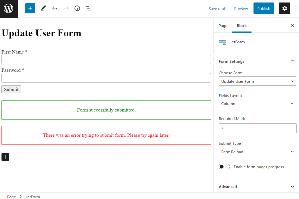 adding update user form on the gutenberg-edited page
