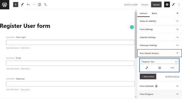 adding a register user post-submit action in a registration form