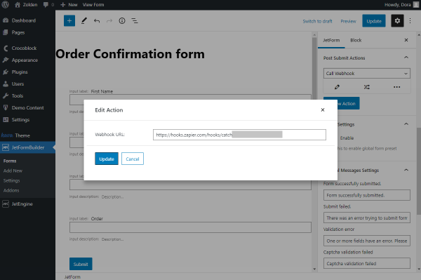 order confirmation call webhook post submit action