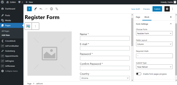 jetform block form settings