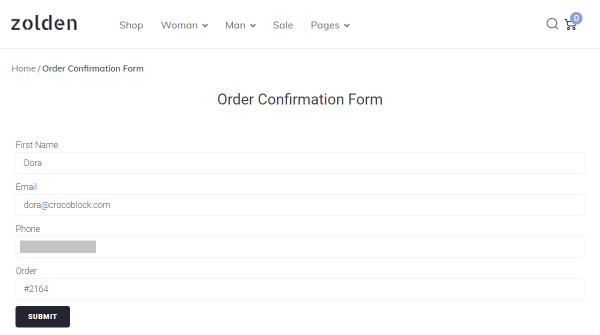 order confirmation form on the front-end