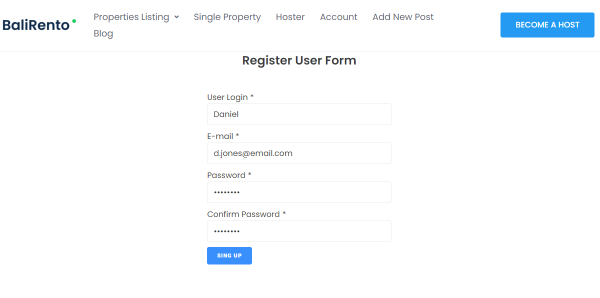 register user form on the front-end