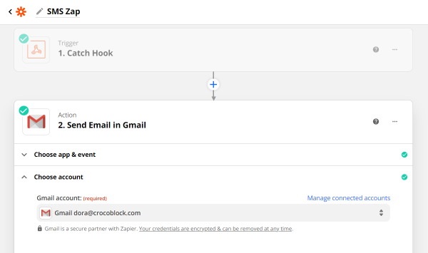 choose account for send email in gmail action