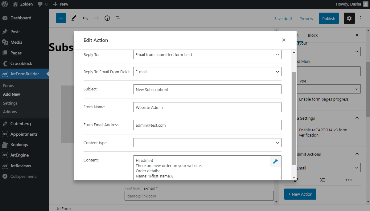 wordpress send email on form submit