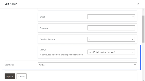 configuring update user action