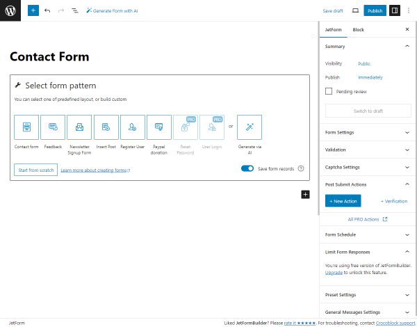 welcome block for jetformbuilder with the contact form pattern