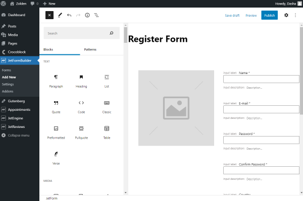 wordpress login and registration form pattern