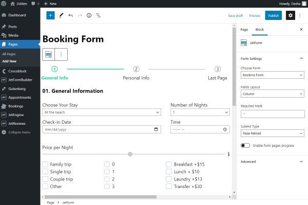 booking form in the gutenberg page editor