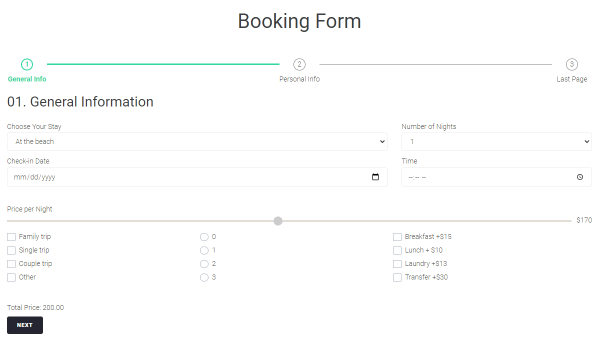 booking form on the frontend