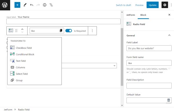 wordpress radio field transformations