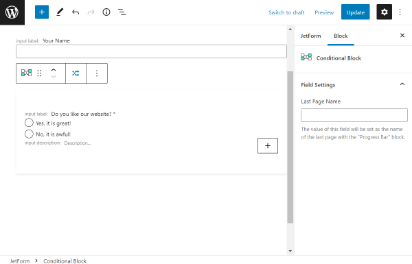 wordpress radio field transformed into conditional block