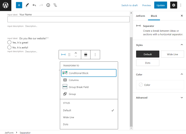 wordpress separator transformations