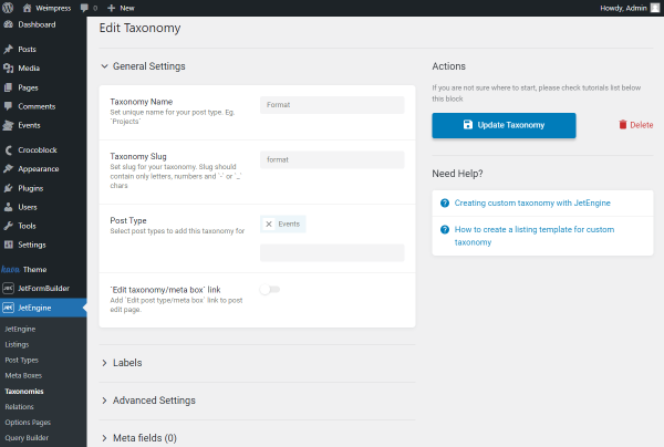 format custom taxonomy editing