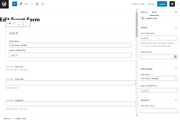 hidden field settings in the edit event form