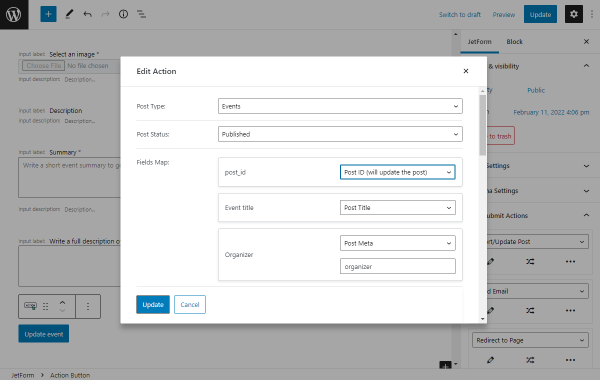 insert update post submit action post_id fields map