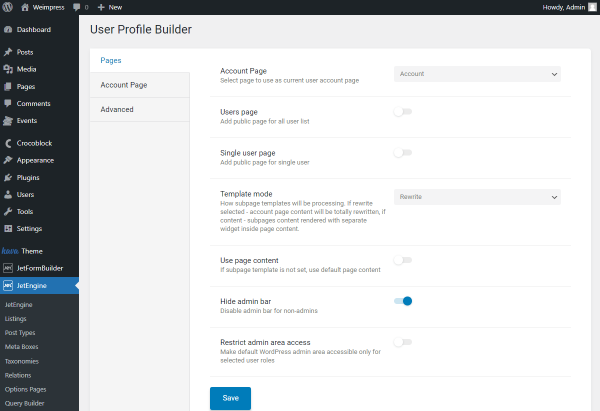 profile builder pages settings