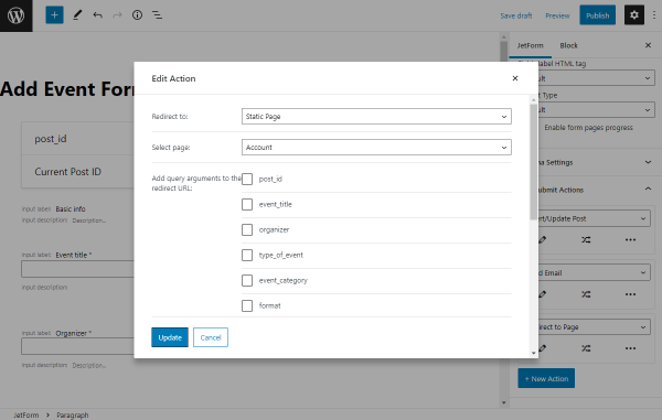 redirect to page action editing