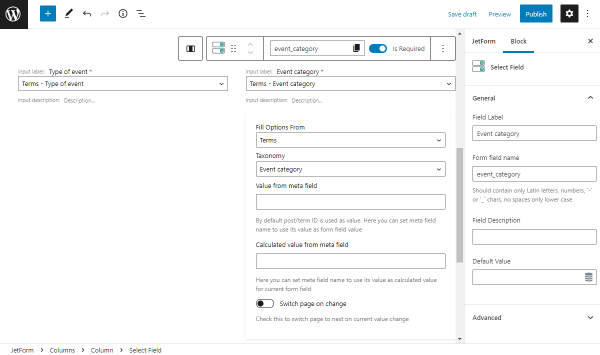 select fields with terms source