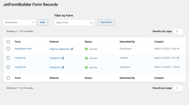 submitted form records