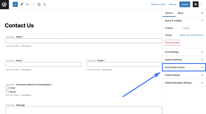 post submit actions section