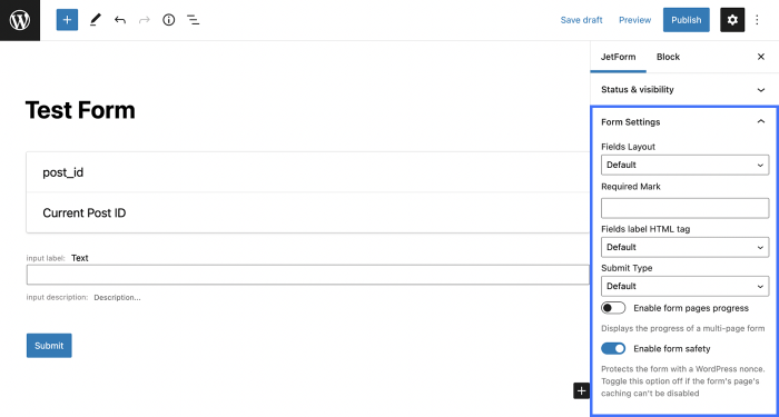 Form Settings FormBuilder