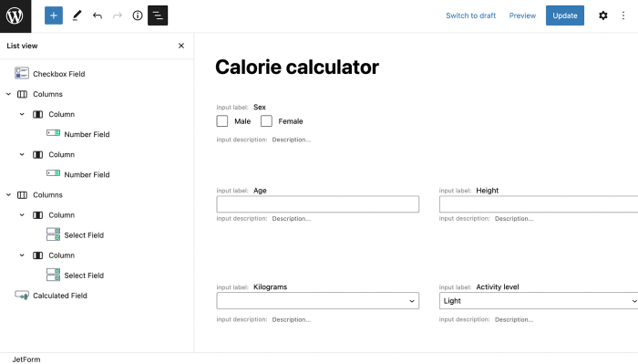 calorie calculator form