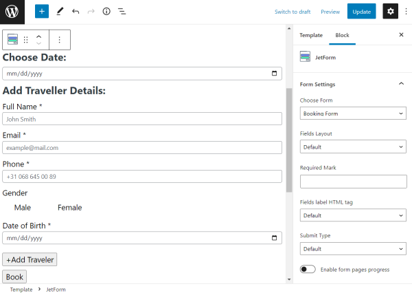 jetformbuilder form in gutenberg