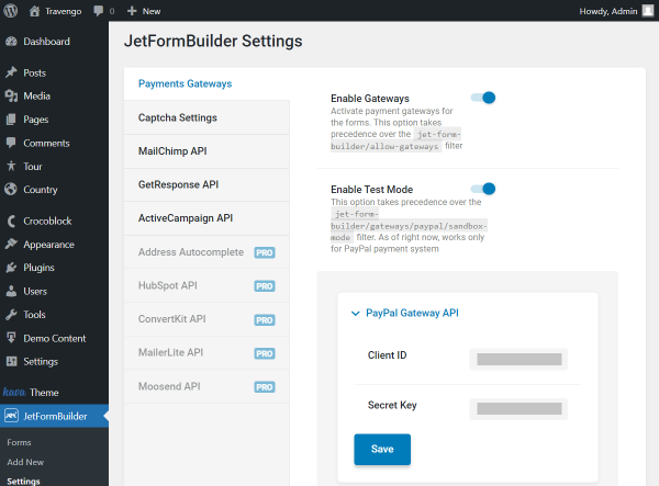 jetformbuilder payments gateways settings
